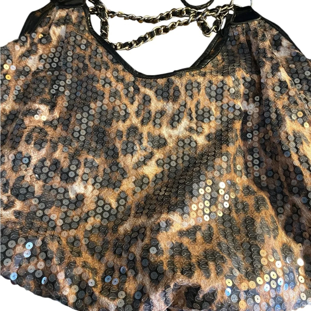 Leopard Print Women's tote XL y2k shoulder bag sequin’s side heavy chain straps - Picture 10 of 12